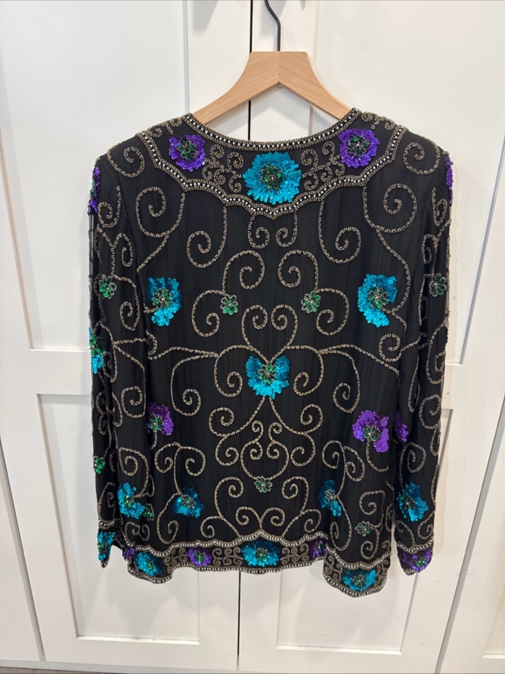 Vintage jean for Joseph LeBon Embellished silk Black Sequin Floral Jacket Sz L - Picture 4 of 8